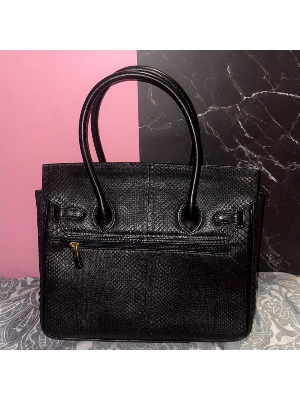 Structured Black Leather Satchel with Gold-Tone Hardware snake skin - Picture 12 of 16